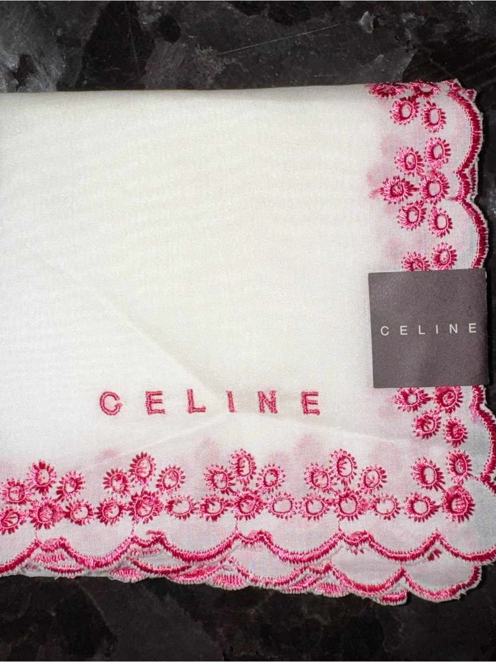 Authentic CELINE White Handkerchief with Pink Embroidered Floral Border